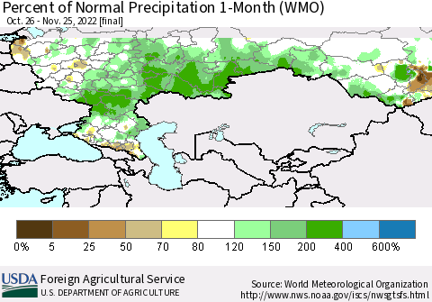 Russian Federation Percent of Normal Precipitation 1-Month (WMO) Thematic Map For 10/26/2022 - 11/25/2022