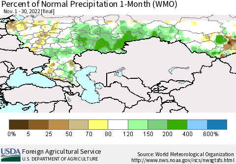 Russian Federation Percent of Normal Precipitation 1-Month (WMO) Thematic Map For 11/1/2022 - 11/30/2022