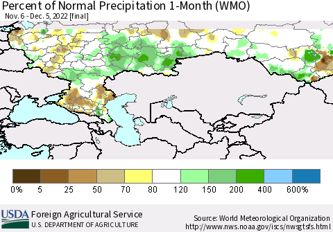 Russian Federation Percent of Normal Precipitation 1-Month (WMO) Thematic Map For 11/6/2022 - 12/5/2022