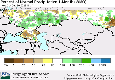 Russian Federation Percent of Normal Precipitation 1-Month (WMO) Thematic Map For 11/11/2022 - 12/10/2022