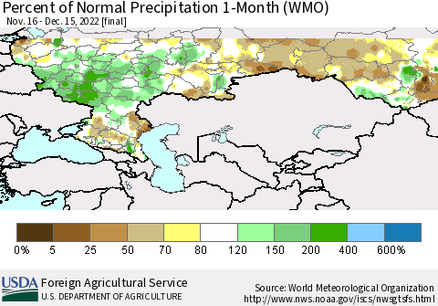 Russian Federation Percent of Normal Precipitation 1-Month (WMO) Thematic Map For 11/16/2022 - 12/15/2022
