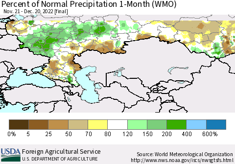 Russian Federation Percent of Normal Precipitation 1-Month (WMO) Thematic Map For 11/21/2022 - 12/20/2022