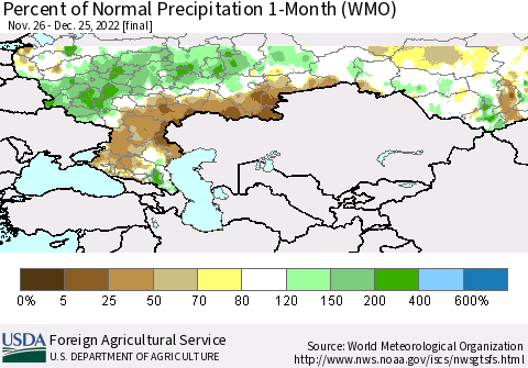 Russian Federation Percent of Normal Precipitation 1-Month (WMO) Thematic Map For 11/26/2022 - 12/25/2022