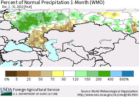 Russian Federation Percent of Normal Precipitation 1-Month (WMO) Thematic Map For 12/1/2022 - 12/31/2022
