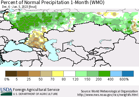 Russian Federation Percent of Normal Precipitation 1-Month (WMO) Thematic Map For 12/6/2022 - 1/5/2023