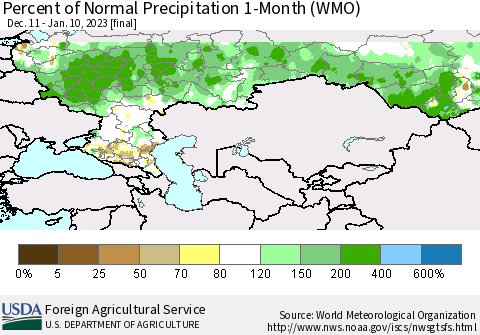 Russian Federation Percent of Normal Precipitation 1-Month (WMO) Thematic Map For 12/11/2022 - 1/10/2023