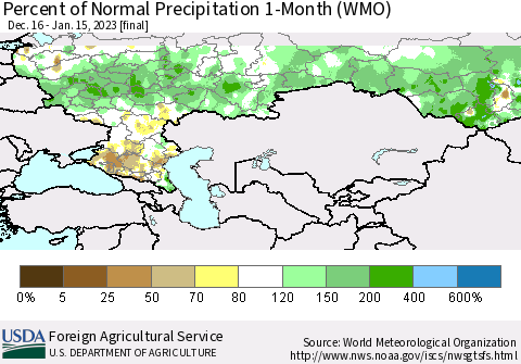 Russian Federation Percent of Normal Precipitation 1-Month (WMO) Thematic Map For 12/16/2022 - 1/15/2023