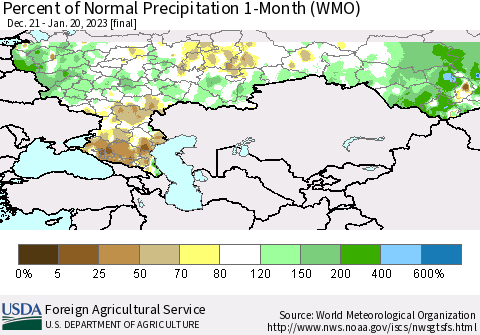 Russian Federation Percent of Normal Precipitation 1-Month (WMO) Thematic Map For 12/21/2022 - 1/20/2023