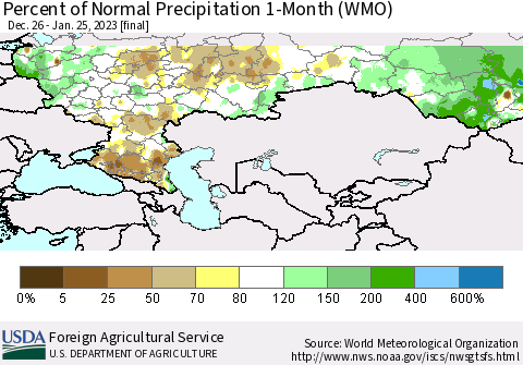 Russian Federation Percent of Normal Precipitation 1-Month (WMO) Thematic Map For 12/26/2022 - 1/25/2023