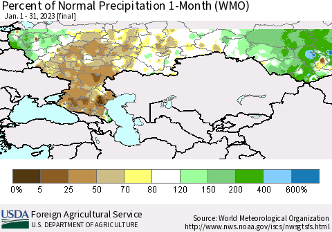 Russian Federation Percent of Normal Precipitation 1-Month (WMO) Thematic Map For 1/1/2023 - 1/31/2023