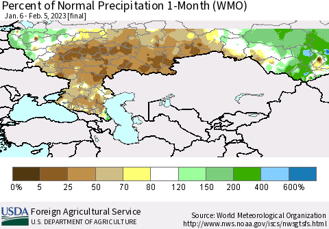 Russian Federation Percent of Normal Precipitation 1-Month (WMO) Thematic Map For 1/6/2023 - 2/5/2023