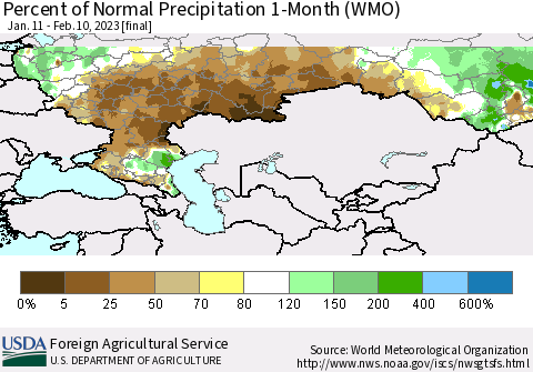 Russian Federation Percent of Normal Precipitation 1-Month (WMO) Thematic Map For 1/11/2023 - 2/10/2023