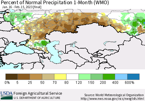 Russian Federation Percent of Normal Precipitation 1-Month (WMO) Thematic Map For 1/16/2023 - 2/15/2023