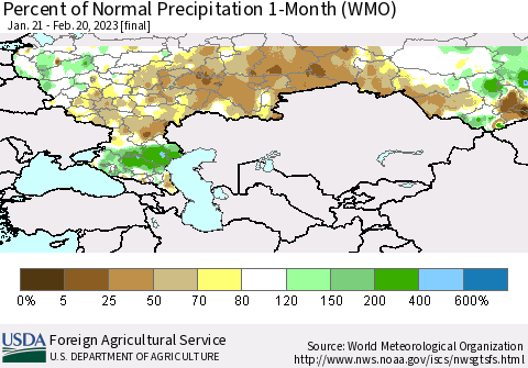 Russian Federation Percent of Normal Precipitation 1-Month (WMO) Thematic Map For 1/21/2023 - 2/20/2023