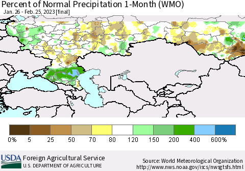Russian Federation Percent of Normal Precipitation 1-Month (WMO) Thematic Map For 1/26/2023 - 2/25/2023
