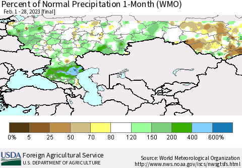 Russian Federation Percent of Normal Precipitation 1-Month (WMO) Thematic Map For 2/1/2023 - 2/28/2023
