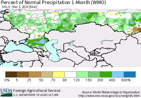 Russian Federation Percent of Normal Precipitation 1-Month (WMO) Thematic Map For 2/6/2023 - 3/5/2023