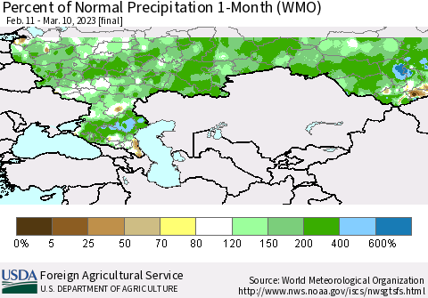Russian Federation Percent of Normal Precipitation 1-Month (WMO) Thematic Map For 2/11/2023 - 3/10/2023