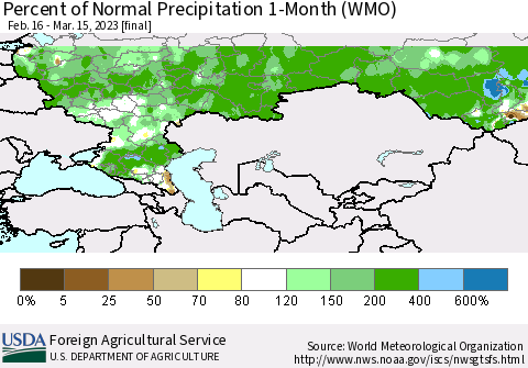 Russian Federation Percent of Normal Precipitation 1-Month (WMO) Thematic Map For 2/16/2023 - 3/15/2023