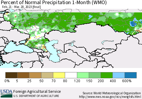 Russian Federation Percent of Normal Precipitation 1-Month (WMO) Thematic Map For 2/21/2023 - 3/20/2023