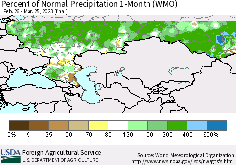 Russian Federation Percent of Normal Precipitation 1-Month (WMO) Thematic Map For 2/26/2023 - 3/25/2023