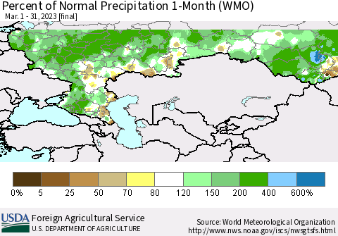 Russian Federation Percent of Normal Precipitation 1-Month (WMO) Thematic Map For 3/1/2023 - 3/31/2023