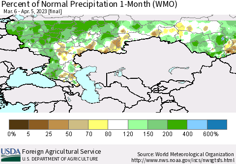 Russian Federation Percent of Normal Precipitation 1-Month (WMO) Thematic Map For 3/6/2023 - 4/5/2023