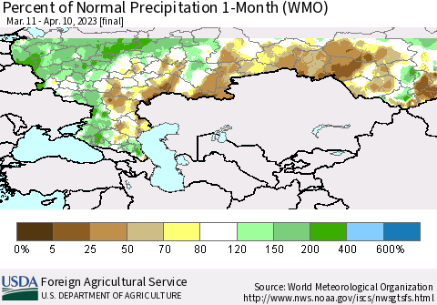Russian Federation Percent of Normal Precipitation 1-Month (WMO) Thematic Map For 3/11/2023 - 4/10/2023