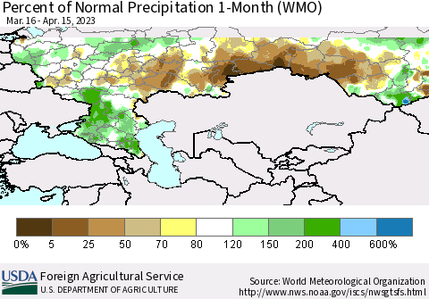Russian Federation Percent of Normal Precipitation 1-Month (WMO) Thematic Map For 3/16/2023 - 4/15/2023