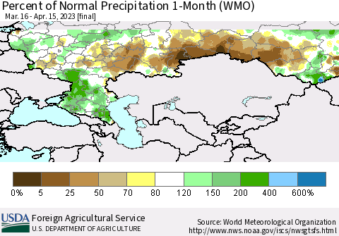 Russian Federation Percent of Normal Precipitation 1-Month (WMO) Thematic Map For 3/16/2023 - 4/15/2023