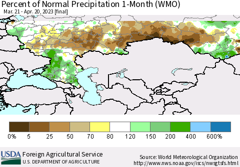 Russian Federation Percent of Normal Precipitation 1-Month (WMO) Thematic Map For 3/21/2023 - 4/20/2023