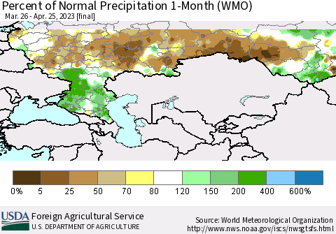 Russian Federation Percent of Normal Precipitation 1-Month (WMO) Thematic Map For 3/26/2023 - 4/25/2023