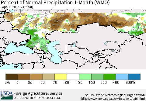 Russian Federation Percent of Normal Precipitation 1-Month (WMO) Thematic Map For 4/1/2023 - 4/30/2023