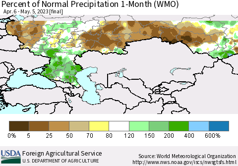 Russian Federation Percent of Normal Precipitation 1-Month (WMO) Thematic Map For 4/6/2023 - 5/5/2023