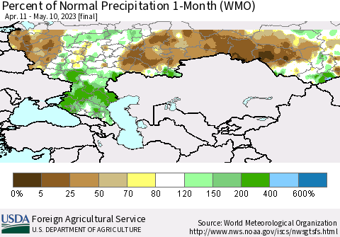 Russian Federation Percent of Normal Precipitation 1-Month (WMO) Thematic Map For 4/11/2023 - 5/10/2023