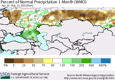 Russian Federation Percent of Normal Precipitation 1-Month (WMO) Thematic Map For 4/16/2023 - 5/15/2023
