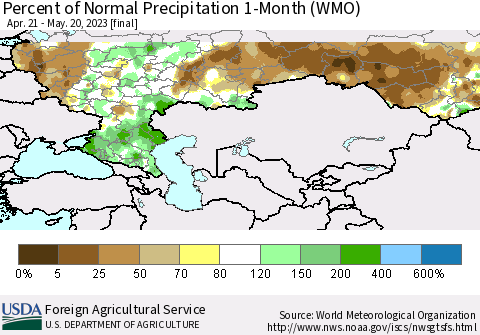 Russian Federation Percent of Normal Precipitation 1-Month (WMO) Thematic Map For 4/21/2023 - 5/20/2023
