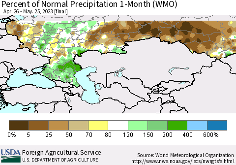 Russian Federation Percent of Normal Precipitation 1-Month (WMO) Thematic Map For 4/26/2023 - 5/25/2023