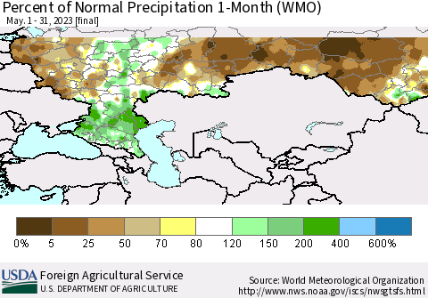 Russian Federation Percent of Normal Precipitation 1-Month (WMO) Thematic Map For 5/1/2023 - 5/31/2023