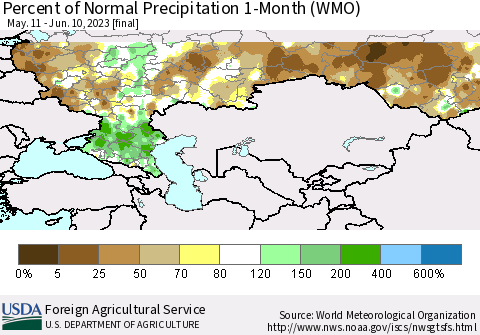 Russian Federation Percent of Normal Precipitation 1-Month (WMO) Thematic Map For 5/11/2023 - 6/10/2023