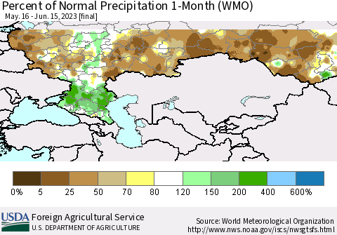 Russian Federation Percent of Normal Precipitation 1-Month (WMO) Thematic Map For 5/16/2023 - 6/15/2023