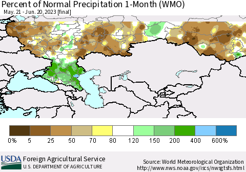 Russian Federation Percent of Normal Precipitation 1-Month (WMO) Thematic Map For 5/21/2023 - 6/20/2023