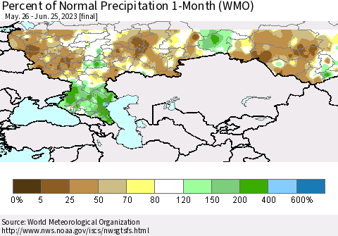 Russian Federation Percent of Normal Precipitation 1-Month (WMO) Thematic Map For 5/26/2023 - 6/25/2023