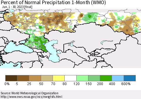 Russian Federation Percent of Normal Precipitation 1-Month (WMO) Thematic Map For 6/1/2023 - 6/30/2023