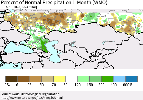 Russian Federation Percent of Normal Precipitation 1-Month (WMO) Thematic Map For 6/6/2023 - 7/5/2023