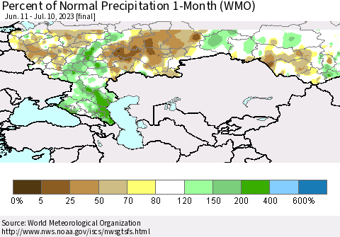 Russian Federation Percent of Normal Precipitation 1-Month (WMO) Thematic Map For 6/11/2023 - 7/10/2023