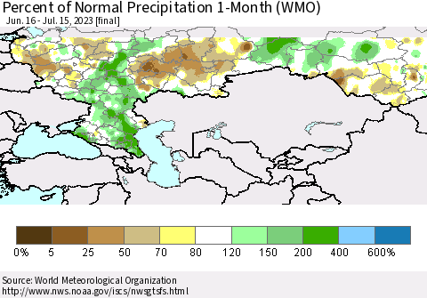 Russian Federation Percent of Normal Precipitation 1-Month (WMO) Thematic Map For 6/16/2023 - 7/15/2023