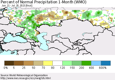 Russian Federation Percent of Normal Precipitation 1-Month (WMO) Thematic Map For 6/21/2023 - 7/20/2023