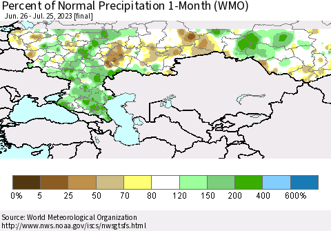 Russian Federation Percent of Normal Precipitation 1-Month (WMO) Thematic Map For 6/26/2023 - 7/25/2023