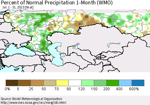 Russian Federation Percent of Normal Precipitation 1-Month (WMO) Thematic Map For 7/1/2023 - 7/31/2023